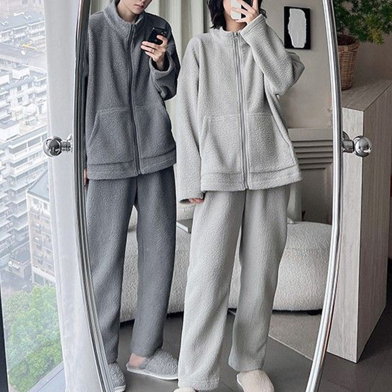 Online celebrity polar fleece couple zipper coral fleece pajamas men and women autumn and winter thickened solid color home wear suit