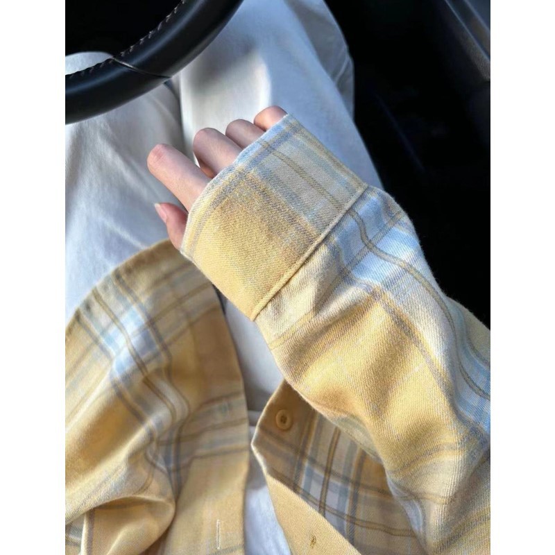 氛围感奶黄色棉格子衬衫外套小个子早春秋冬衬衣内搭长袖上衣女