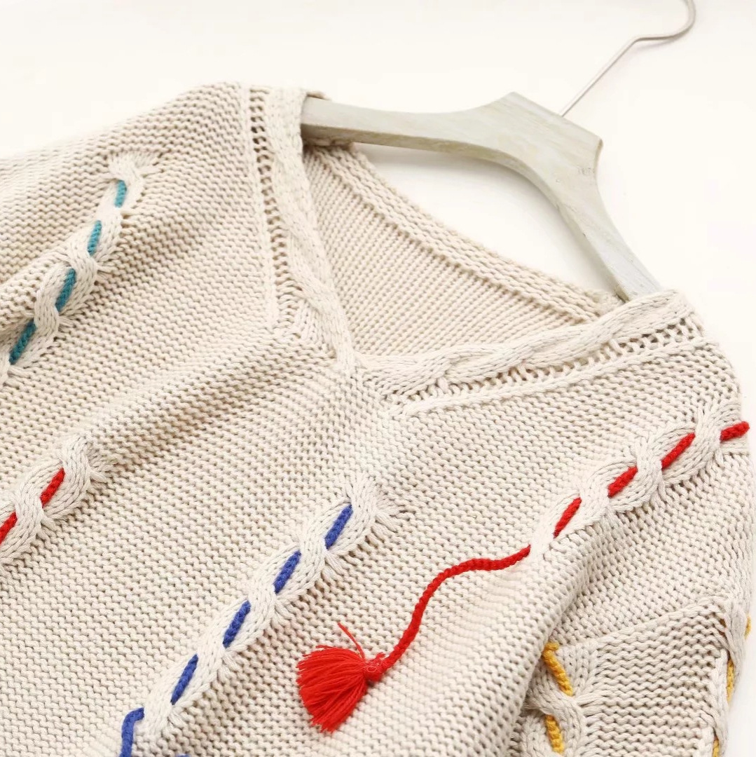 Women's Clothing spring and autumn new V neck loose lazy style tassel pullover knitted sweater female_voghion.com