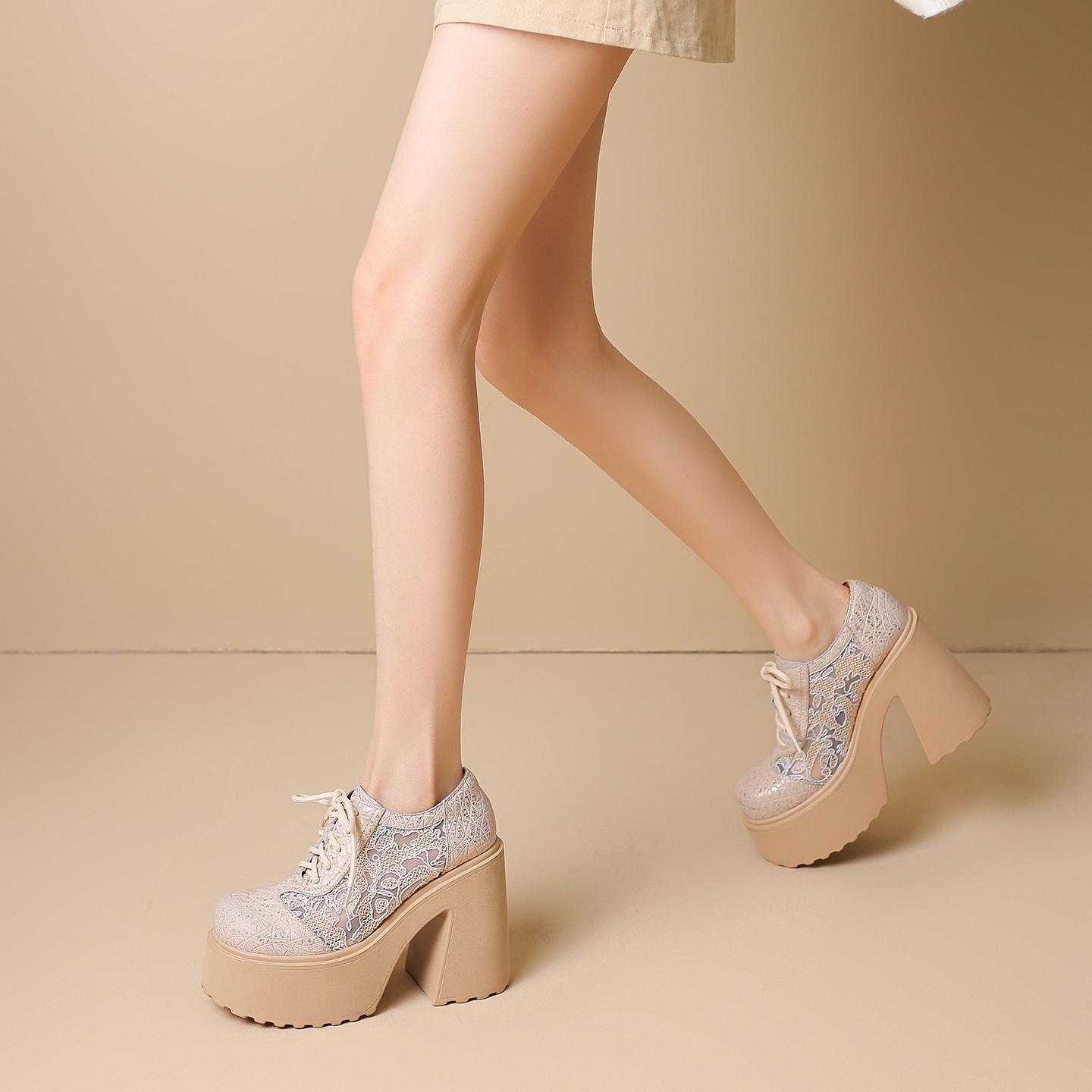 Giày cao gót nữ da thật phối lưới thêu hoa, gót 12 cm, đế xuồng, mũi tròn buộc dây — màu đen