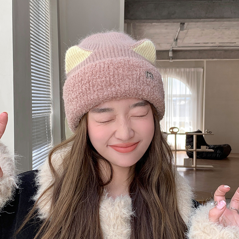 Autumn Winter For Women Sweet Cute M Cat Ear Plush Versatile Cold-Proof Pullover Outdoor Knitted Hat_voghion.com