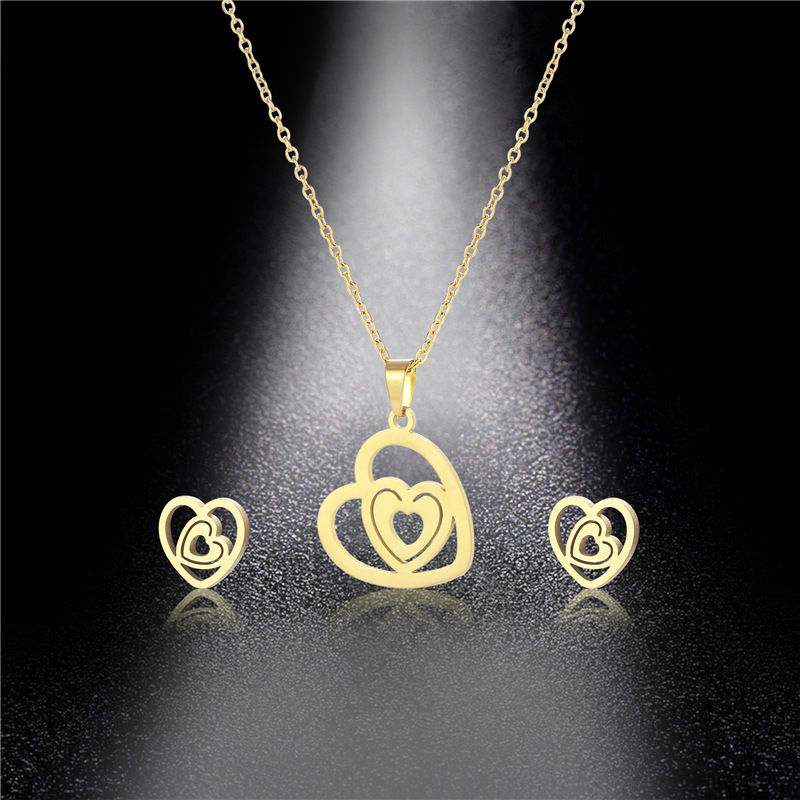 fashion heart glossy necklace set gold heart-shaped pendant earrings two-piece set