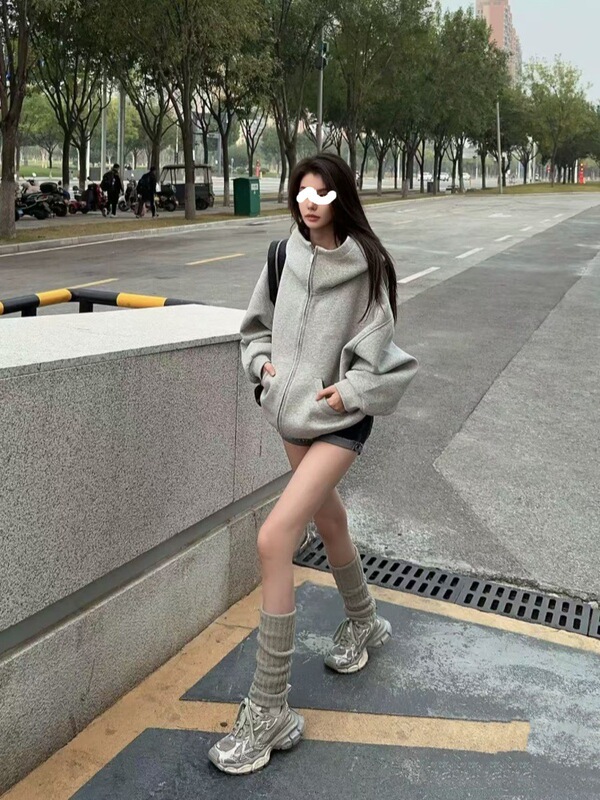 灰色宽松卫衣外套女连帽美式上衣秋季2025新款休闲重磅廓形慵懒风|undefined