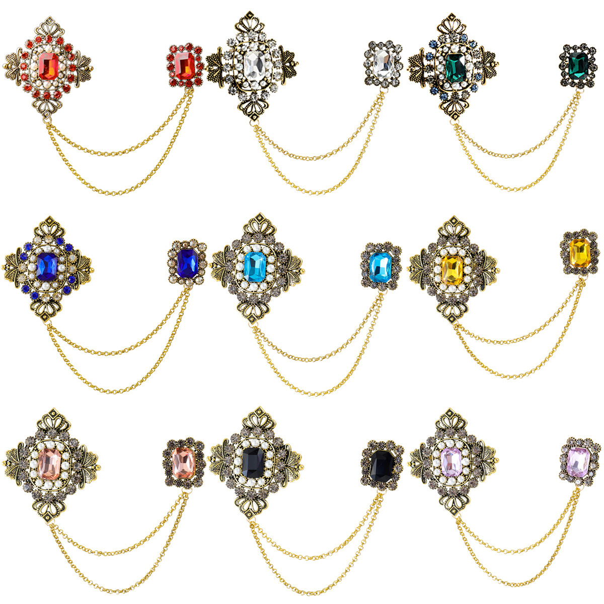 Palace Style Baroque Style Rhinestone Brooch Emerald Inlaying Craft Chain Pin Buckle British Style Retro Accessories