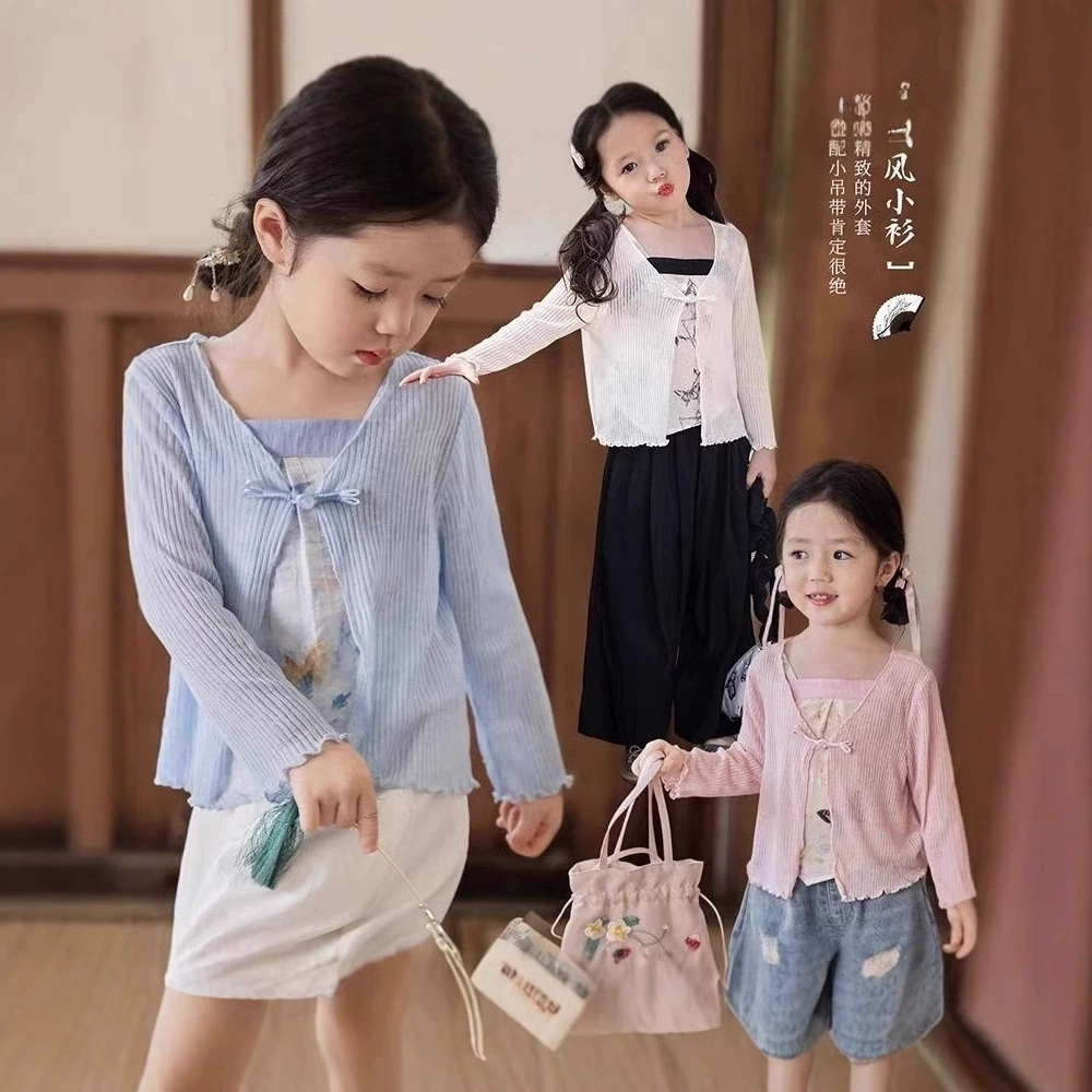 2024 Летняя новая девушка легкая шаль с пуговицами кардиган с солнцезащитным кремом детское дикое платье с кондиционером