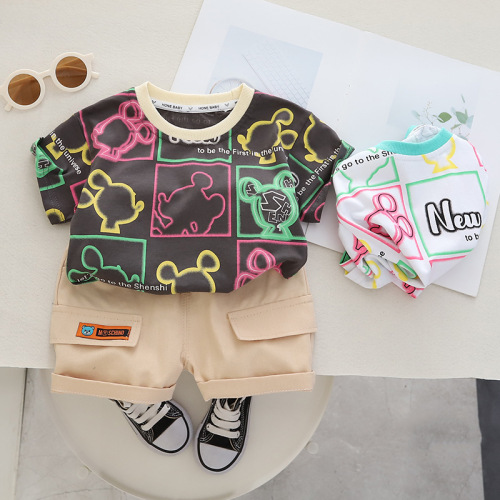 T-shirt Letter Print Two-Piece Summer Set for Boys with Round Neck Short Sleeve Casual Clothing