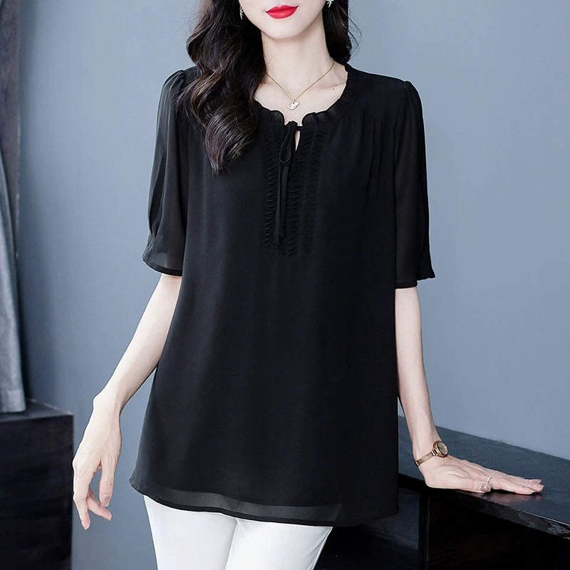 Летняя Свободная шифоновая рубашка с деревянными ушками больших размеров, осторожный Топ с воротником машины, Элегантная универсальная одежда для женщин среднего и пожилого возраста