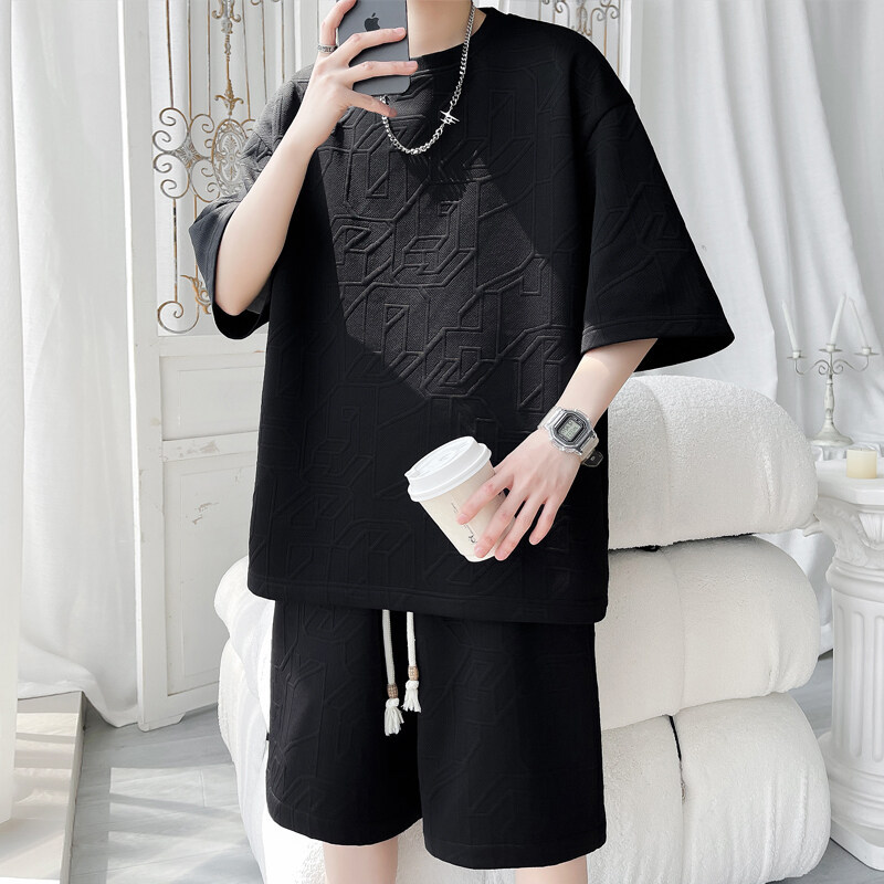 T-shirt da uomo a maniche corte in jacquard testurizzato, stile americano estivo, vestibilità ampia e pesante, outfit casual e versatile per_voghion.com