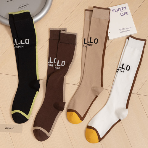 New European fashion brand letter calf socks for women, spring and summer thin striped versatile knee-high socks, sports and above-the-knee socks