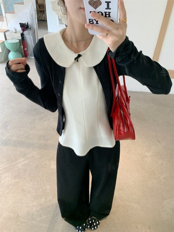 甜美风套装长袖开衫外套女娃娃领背心秋季黑色阔腿裤miu系三件套|undefined