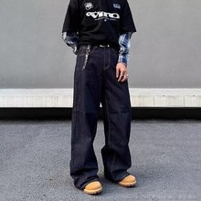 美式嘻哈裤中腰水洗牛仔蓝色牛仔裤男学生设计感直筒宽松阔腿裤子