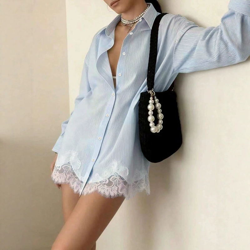 Casual everyday street style date shirt with a stylish collar, vertical stripe hem, patchwork design, and buttoned long sleeves