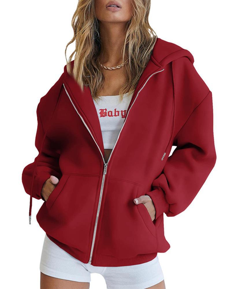 456g Weight Long Sleeve Sleeve Length Zipper Placket Type Regular Sleeve Sleeve Type Polyester Fabric Type Long Top Length Hoodie Tops Type Daily Occasion Hooded Neckline Regular Fit Fit Type Solid Color Pattern Spring, Autumn Season Women's Gender Pocket Design Streetwear Style Women's Streetwear Solid Color Pocket Zipper Hoodie 16