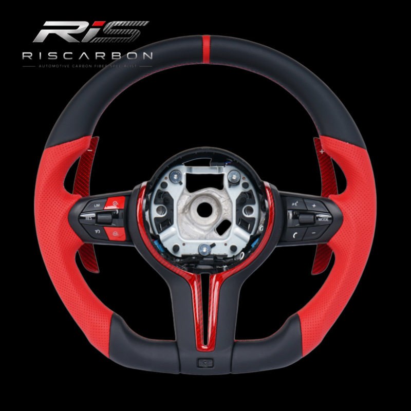 Red perforated leather grip red label steering wheel compatible with BMW F30F10F11F15F16F20F25F18F26