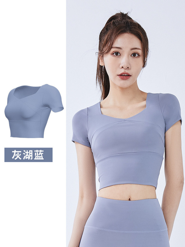 Juyitang 夏ショート女性スポーツトップ胸パッド付きランニングタイトヌードフィットネスヨガ半袖|undefined
