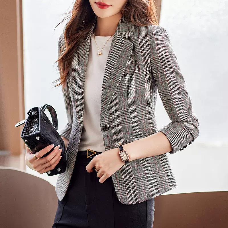 格子小西服外套女短款小个子2023年韩版显瘦西装女神范职业装上衣