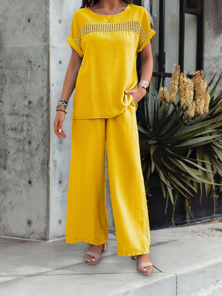 455g Weight Half Sleeve, Half Sleeve Sleeve Length Spandex, Polyester Fabric Type Low Waist Waist Line Short Top Length Pant Co-ord Set, Pant Co-ord Set Sets Type 2 Pieces Set Quantity Casual, Daily Occasion Round Neck, Round Neck Neckline Loose, Loose Fit Type Stripe, Solid Color Pattern Summer, Spring, Autumn Season Women's Gender Hollow Out Design Streetwear, Streetwear Style Apricot Color KaiKuO Women's Fashion Independent Station 2024 Spring Summer Export Casual Fashion Solid Color Short Sleeve Long Pants Hollow Out Set 11