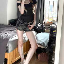 A801#【非实拍】美式复古辣妹牛仔短裤女烟灰色低腰a字小个子包臀