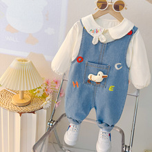 外贸批发2025春秋新款女童甜美牛仔背带套儿童春季可爱鸭子两件套