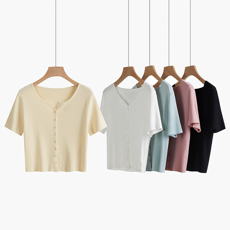 2021年新款v领短袖针织开衫女薄款春秋显瘦修身短款上衣|ms