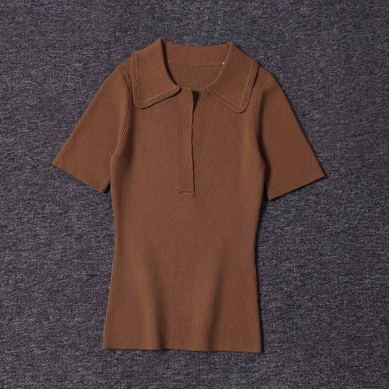 Chunyuan オリジナルフランス SZ ニッチラペルディープ V ネック半袖ポロセータートップ Nanyou 高品質婦人服|undefined