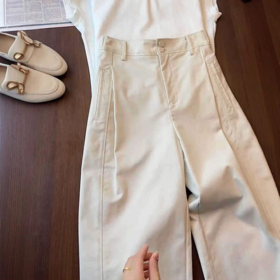 creamy-white High-grade Nine-point Casual Straight Pants Women's 2025 Spring and Summer New Breathable High Waist Slimming Balloon Pants Trendy