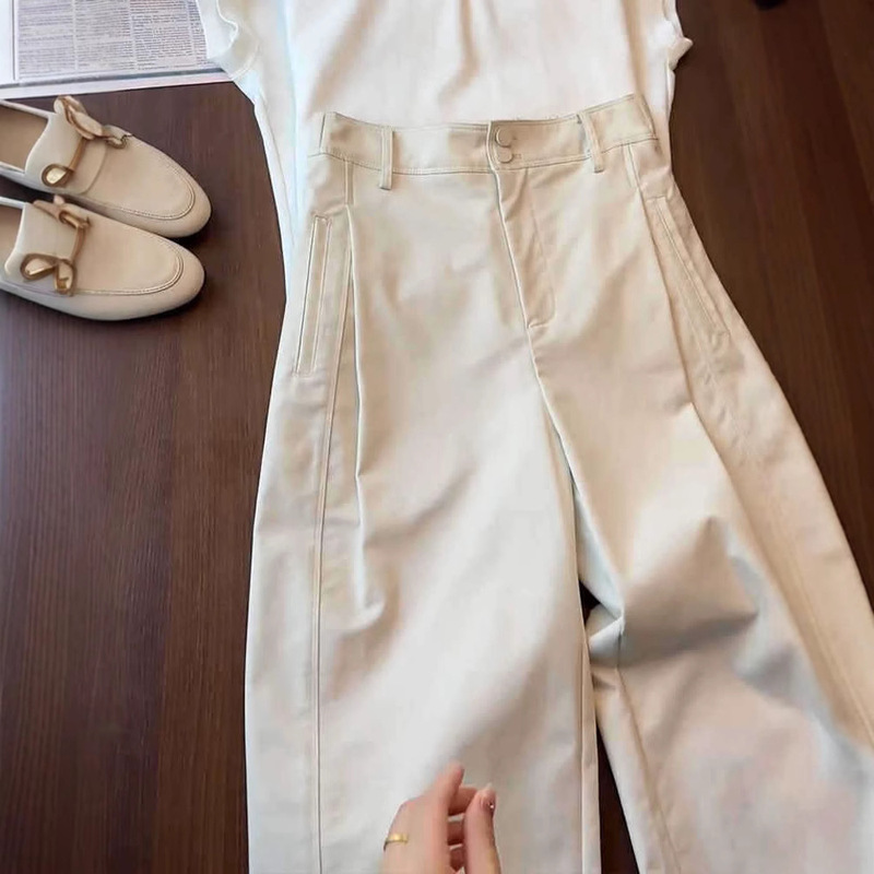Off-White Thin Cropped Casual Straight-Leg Pants for Women, 2026 Summer New Breathable High-Waisted Slimming Balloon Pants Trendy