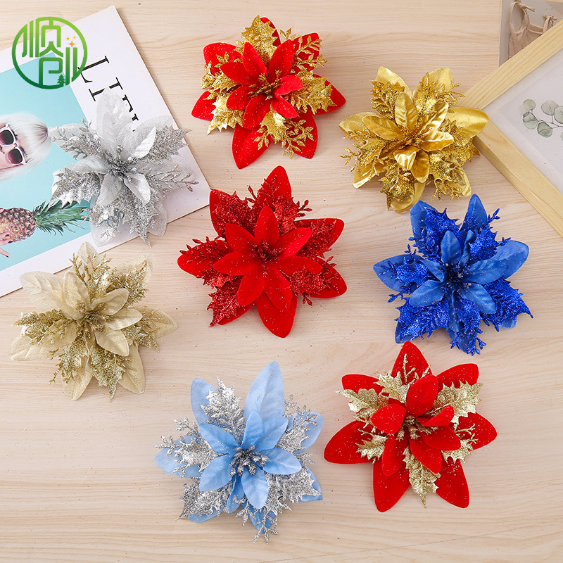 Nuevas flores de Navidad de polen de flores de Navidad decoraciones creativas diy doble polvo de oro guirnaldas de fábrica de decoración