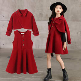 童装拜年服女童毛呢套装红色秋冬新款大童女装呢子大衣外套亲子装