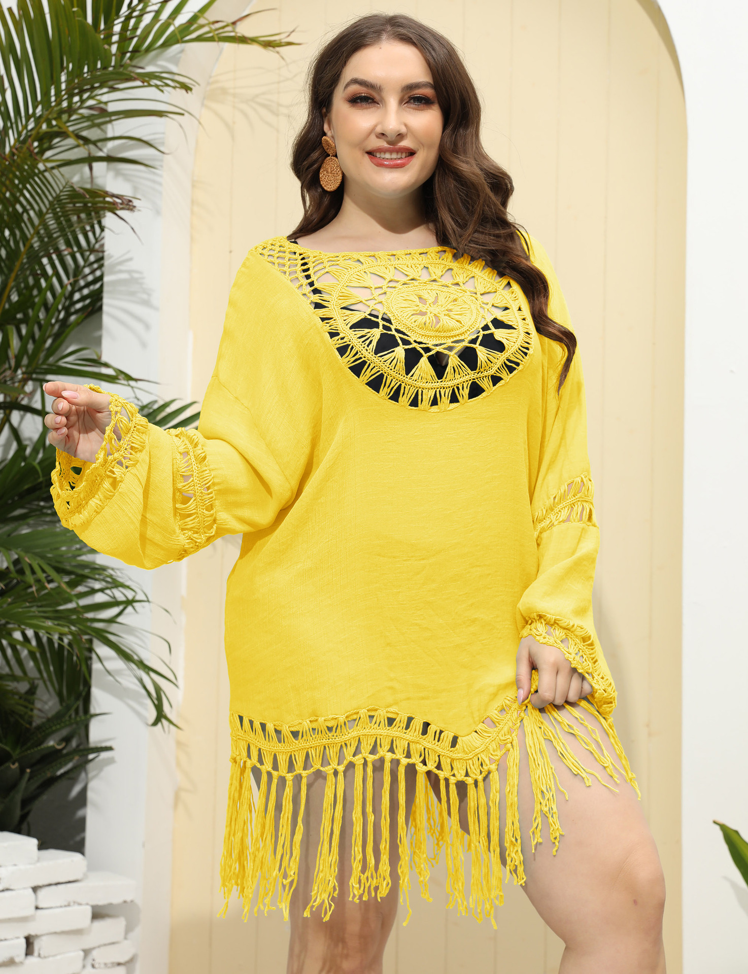 plus size fringed hollow long sleeve loose solid color beach outdoor cover-up NSOY125373