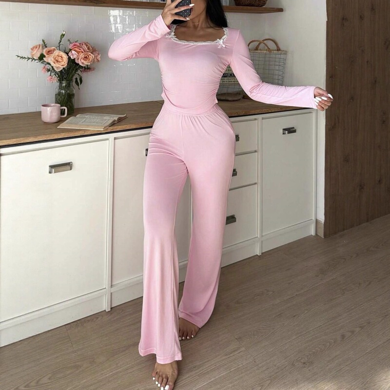European and American lace-trimmed square-neck pajama set, long-sleeved top and high-waisted flared pants, casual home wear set