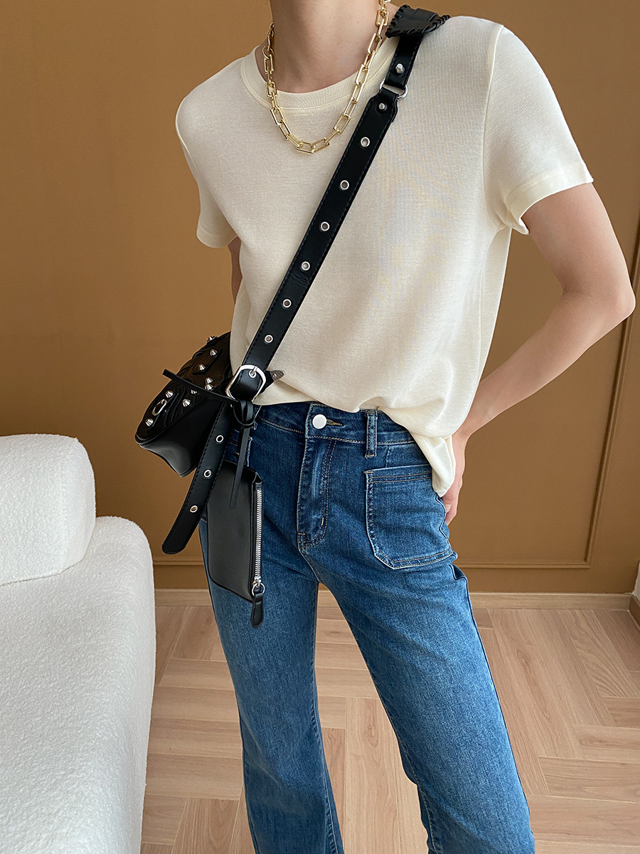 Cozy Series Simple Basic Slimming Shoulder T Shirt Short Sleeve Early Spring
