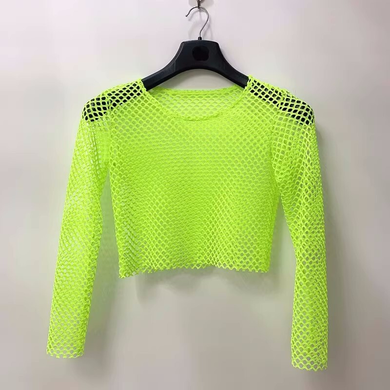 European and American style long sleeve large mesh hollow round neck T-shirt fishing net breathable personality dance short high waist hot girl blouse