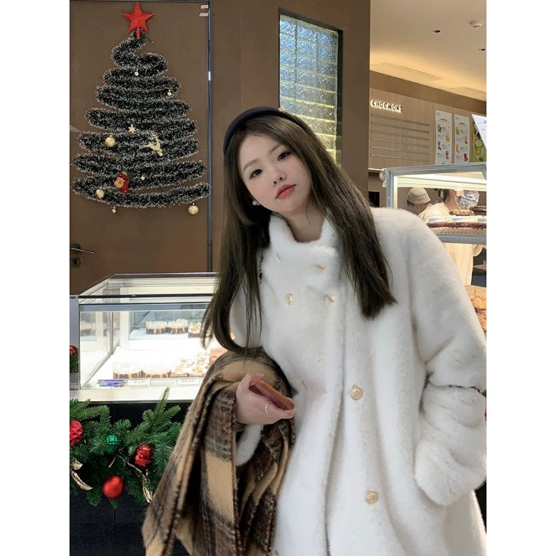겨울 새로운 더블 브레스트 영국 스타일 수직 칼라 모조 밍크 모피 원피스 모피 코트 여성의 젊은 트렌디 코트