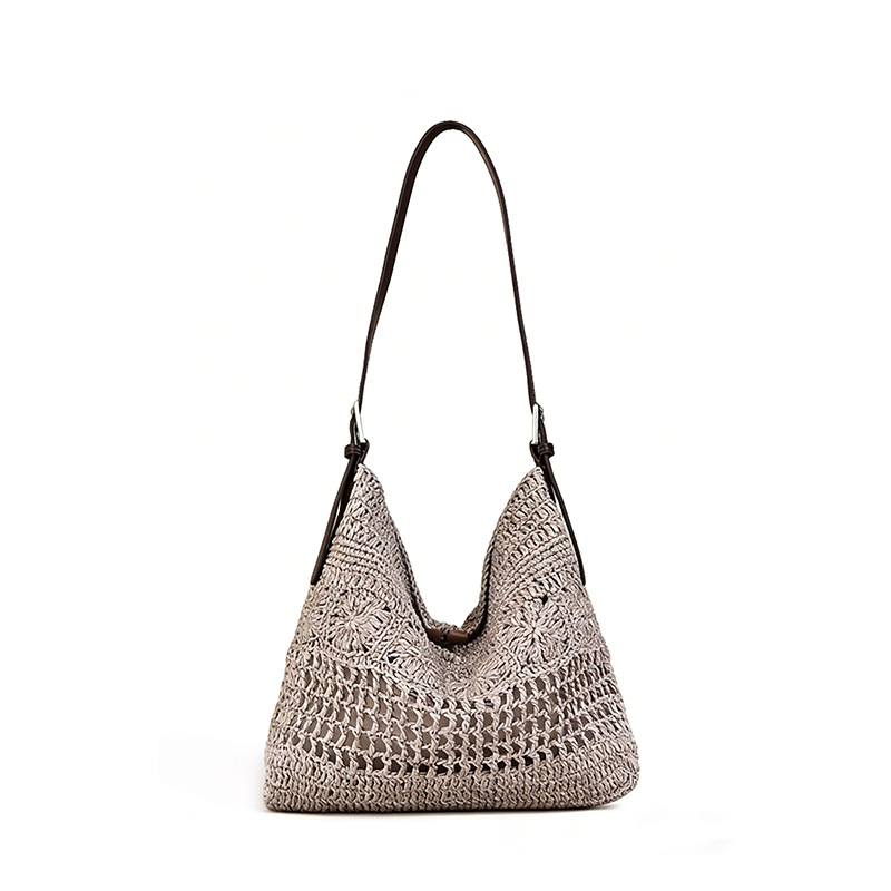 Handmade Crochet Raffia Woven Large Leather Bag 2026 New Women's Tote Bag Vacation Style Beach Straw Bag - Thumbnail 6