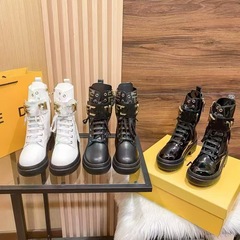 2025新款头层牛皮金属字母马丁靴F家英伦风中筒靴厚底增高骑士靴