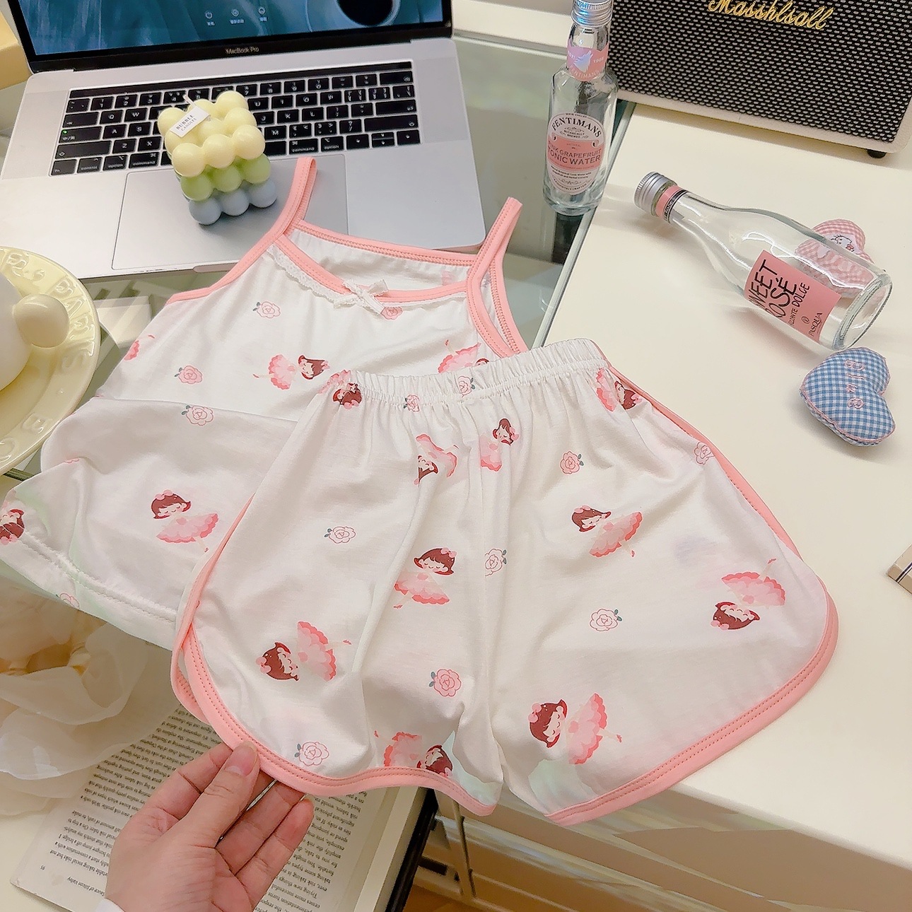 7a traje de honda antibacteriano de verano para niños, pantalones cortos sin mangas para niñas, estilo princesa perezoso para niñas, estilo delgado