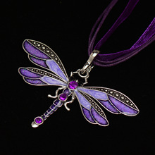 蜻蜓复古丝带线绳紫色镶钻项链欧美儿童少女外贸项饰