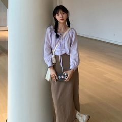 盐系轻熟两件套装女春秋法式小香风紫色系带长袖衬衫搭配半身长裙