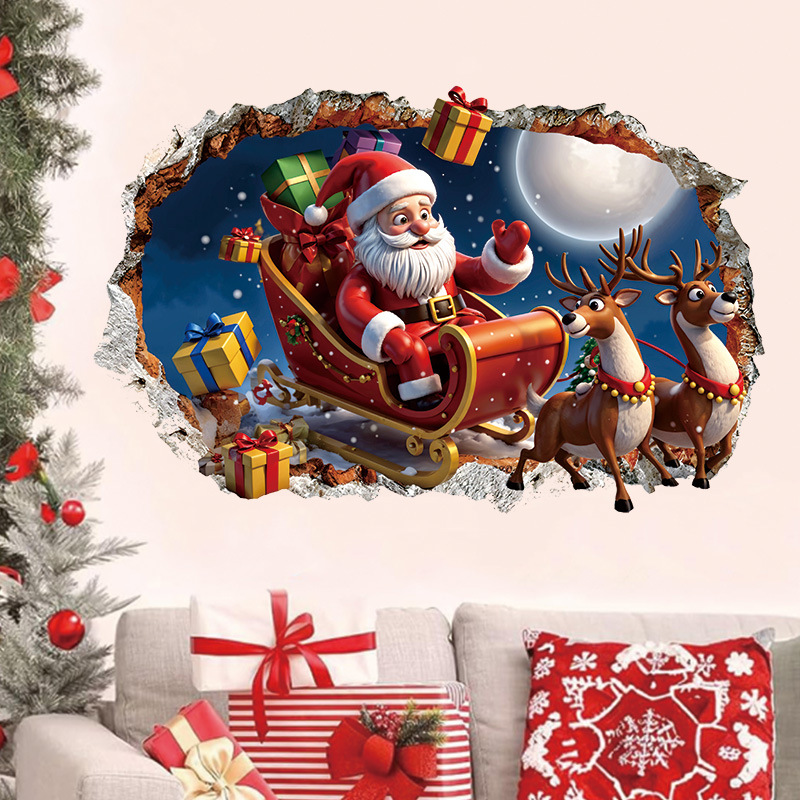 Christmas 3D Decoration For Living Room, PVC Self-Adhesive Santa Claus And Reindeer Holiday Wall Stickers_voghion.com