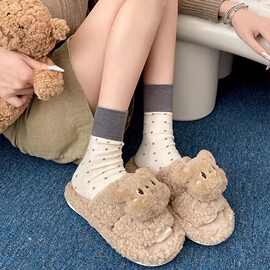 网红卡通可爱小熊厚底居家毛毛拖鞋女2026新款秋冬外穿一字棉拖鞋