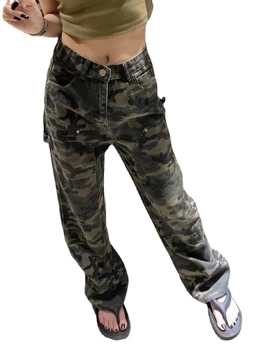 American hiphop camouflage overalls for fat mm women summer loose straight casual pants slimming high waist wide leg pants trendy