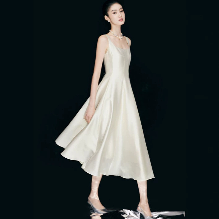 Satin mini dress for women 2026 new style square neck mid-length dress engagement registration white dress travel shoot light wedding dress Satin mini dress for women 2026 new style square neck mid-length dress engagement registration white dress travel shoot light wedding dress