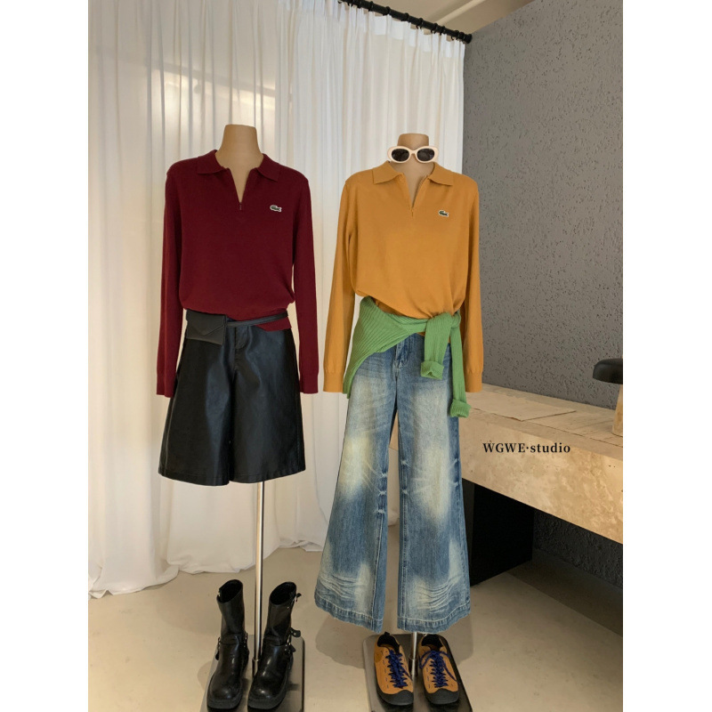 熹凤梨Wgwe8230 Old Money Style 2025 Autumn and Winter Crocodile Embroidery Zipper Polo Collar Knitwear Women's Long-Sleeved Shirt 熹凤梨Wgwe8230 Old Money Style 2025 Autumn and Winter Crocodile Embroidery Zipper Polo Collar Knitwear Women's Long-Sleeved Shirt