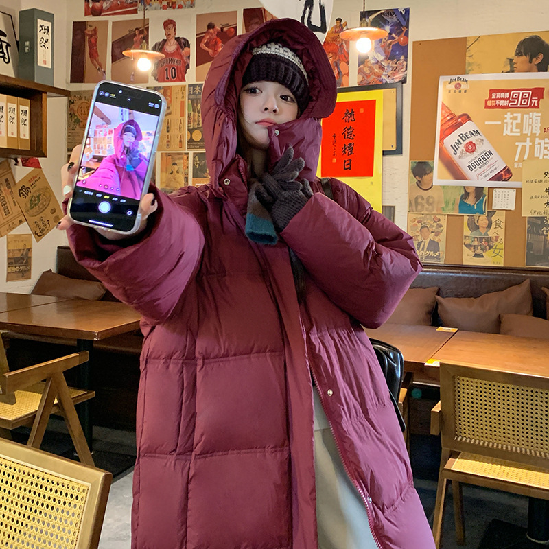 今年流行安哥拉红90白鸭绒羽绒服冬季新款新国标大被子连帽长外套
