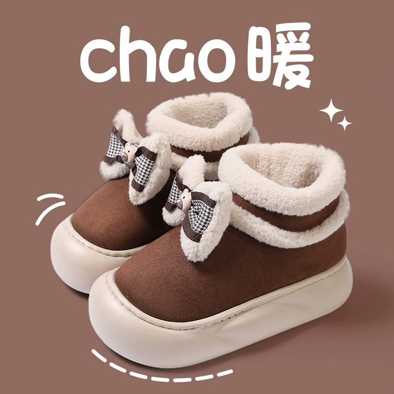 Японские девушки сердца с бантом на толстом дне плюс бархатные снежные сапоги женские 2024 новые круглые туфли