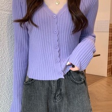小个子早秋新款V领外穿开衫小衫外套女修身短款上衣紫色毛衣