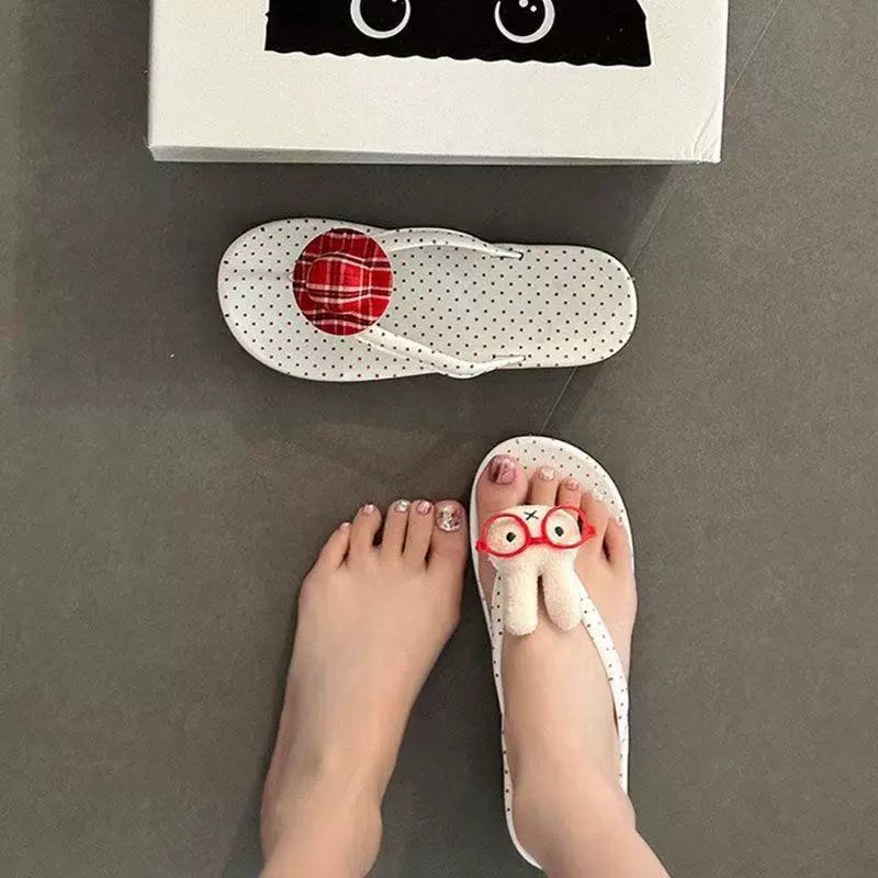 Женские пляжные шлепанцы с толстой подошвой, лето 2025, милые мультяшные очки, кролик, горошек