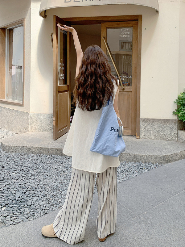 胖mm特大码300斤高级松弛感套装女夏季新款背心条纹阔腿裤两件套|undefined