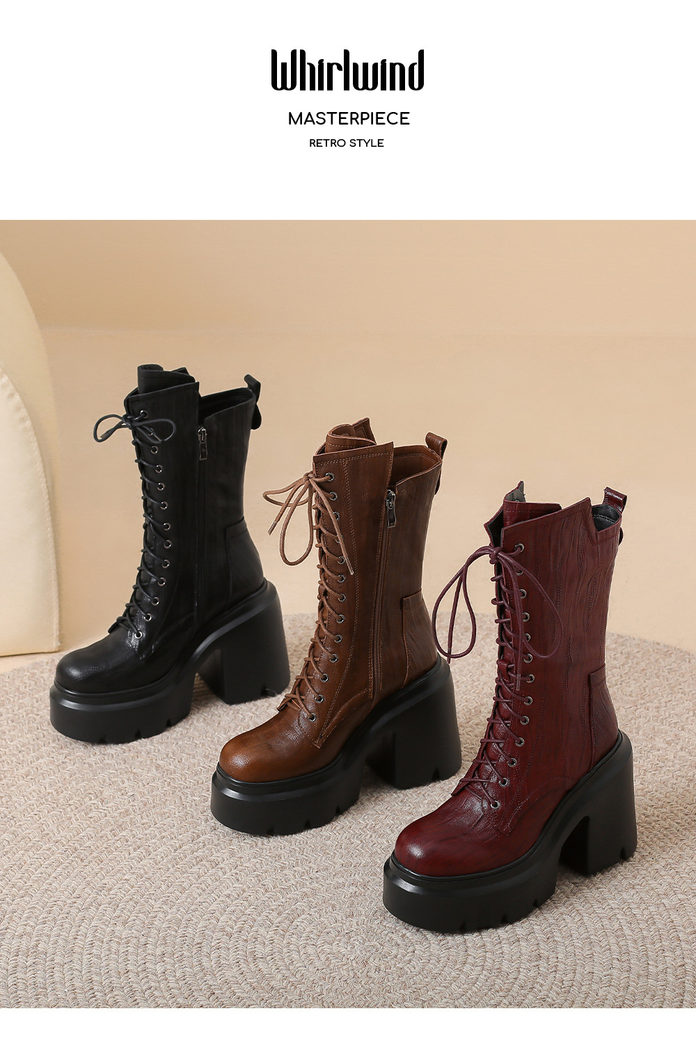 Boot Martin nữ buộc dây phong cách Anh, gót 12 cm — Lớp lót nhung đen chi tiết 11